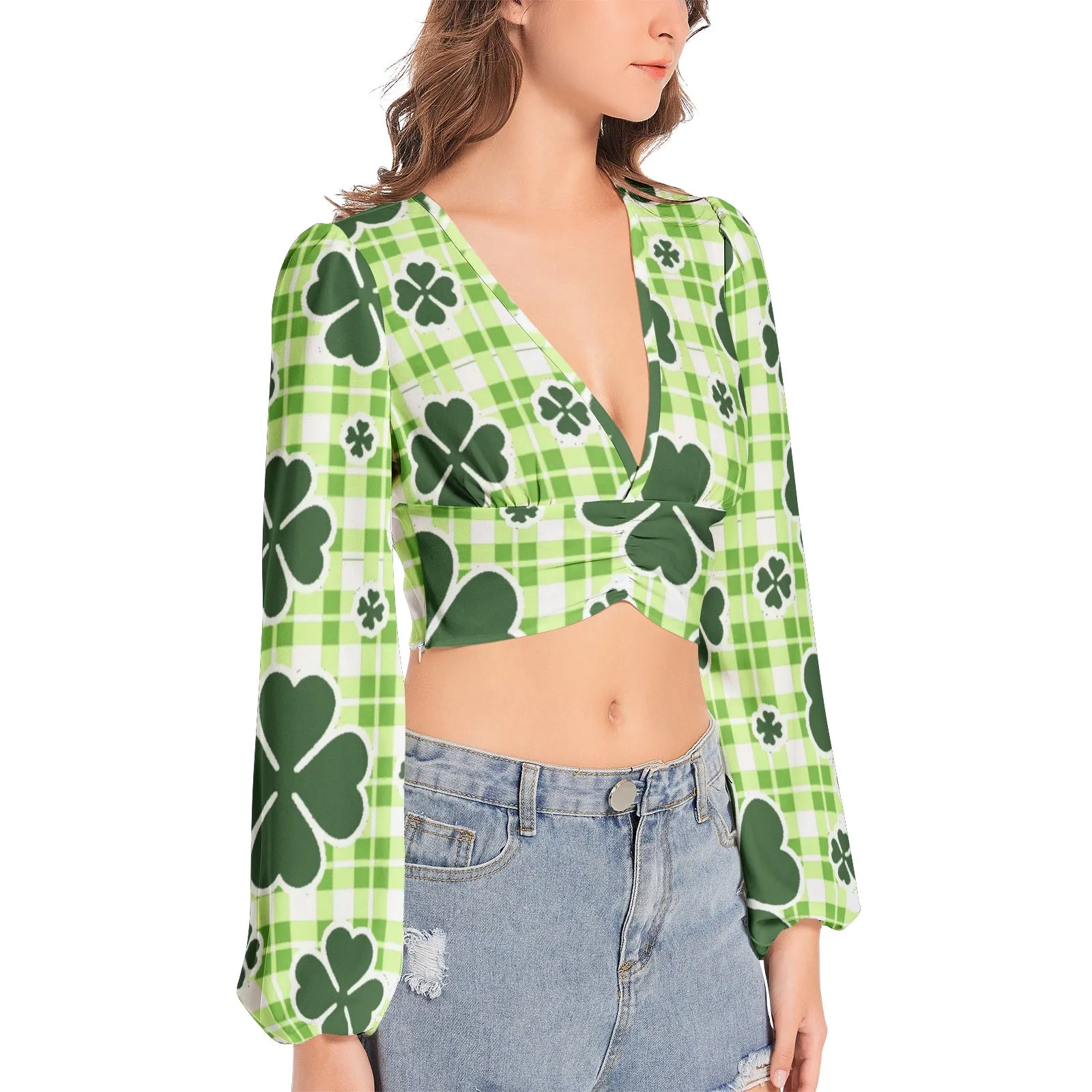 Luck of the Irish Women's Deep V-Neck Lantern Sleeve Crop Top