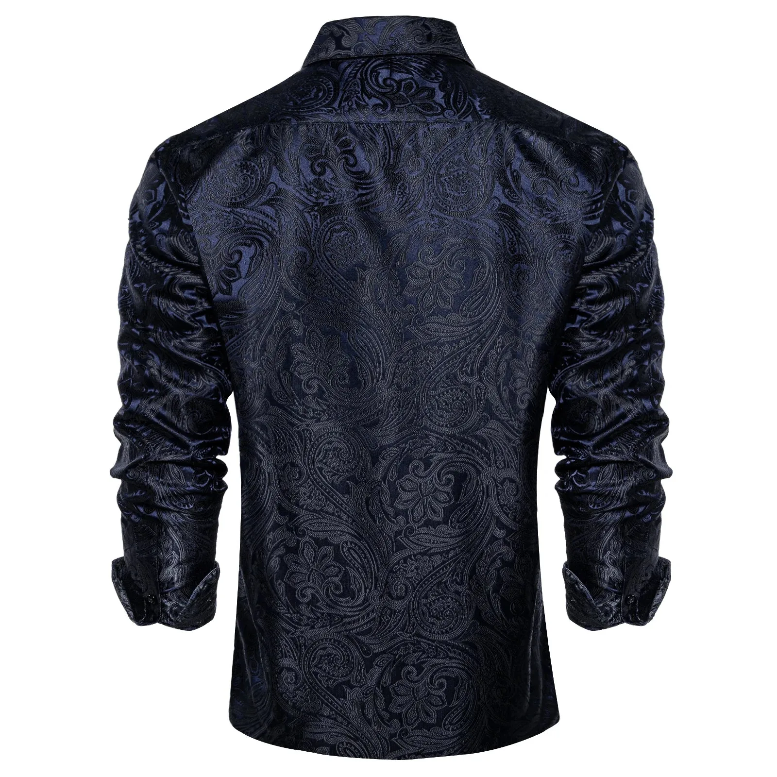 Luxury Blue Black Paisley Silk Shirts Men's Long Sleeve Wedding Party Prom Tuxedo Dress Casual Designer Clothing