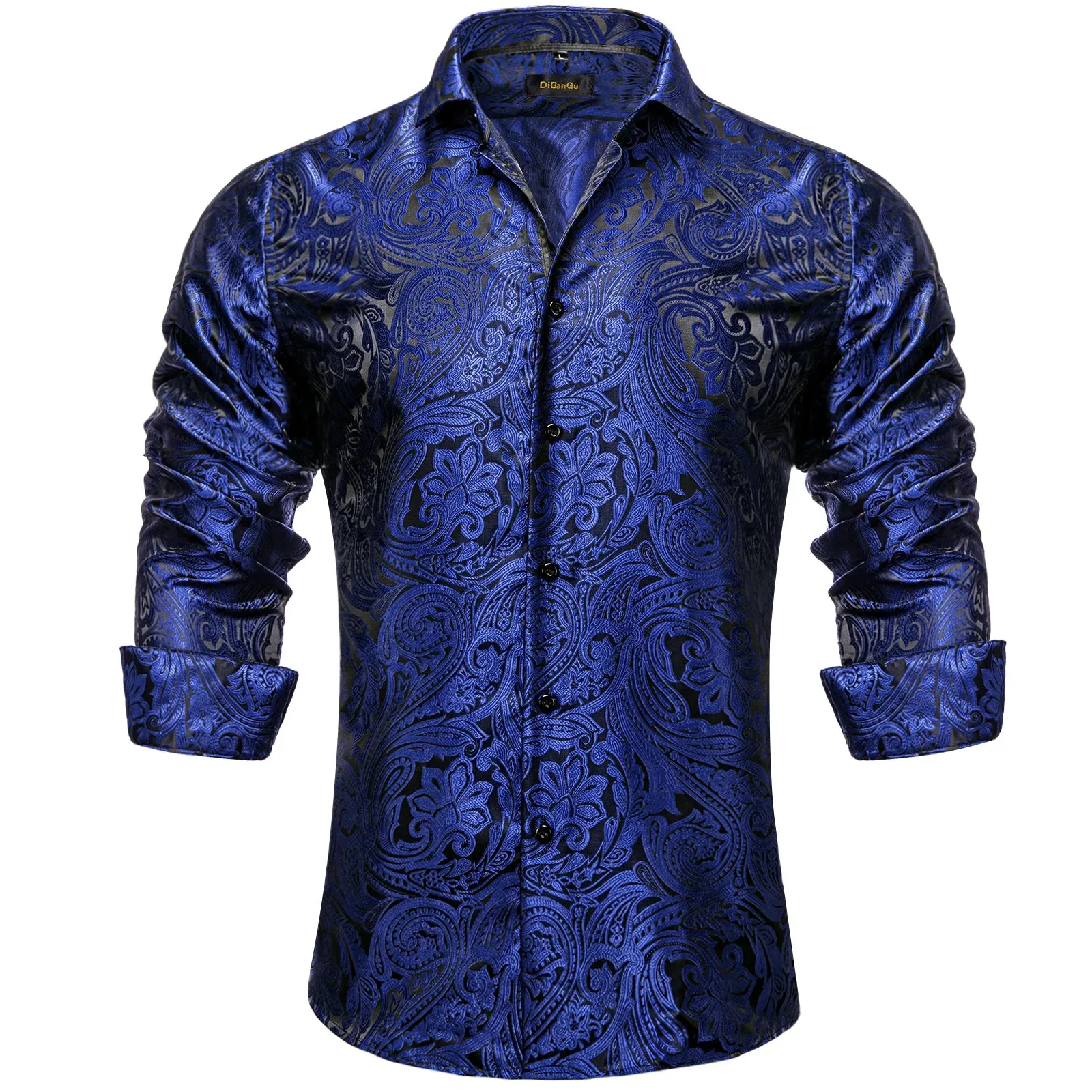 Luxury Blue Black Paisley Silk Shirts Men's Long Sleeve Wedding Party Prom Tuxedo Dress Casual Designer Clothing