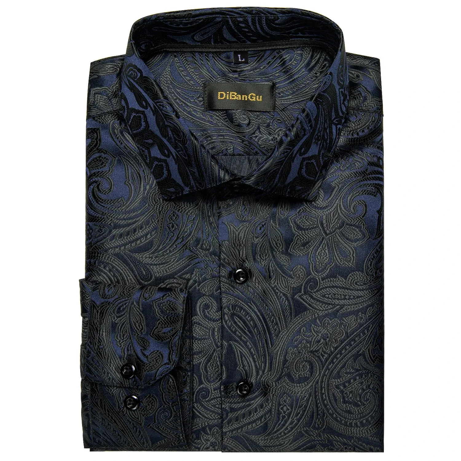 Luxury Blue Black Paisley Silk Shirts Men's Long Sleeve Wedding Party Prom Tuxedo Dress Casual Designer Clothing