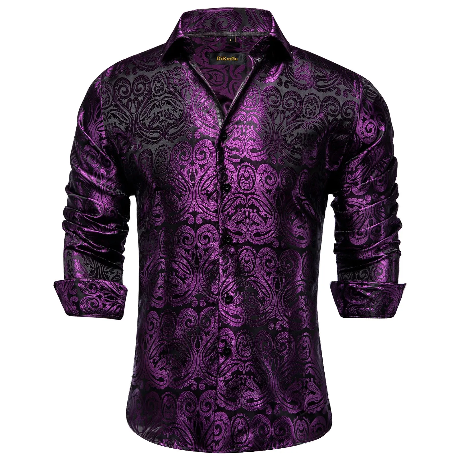 Luxury Blue Black Paisley Silk Shirts Men's Long Sleeve Wedding Party Prom Tuxedo Dress Casual Designer Clothing