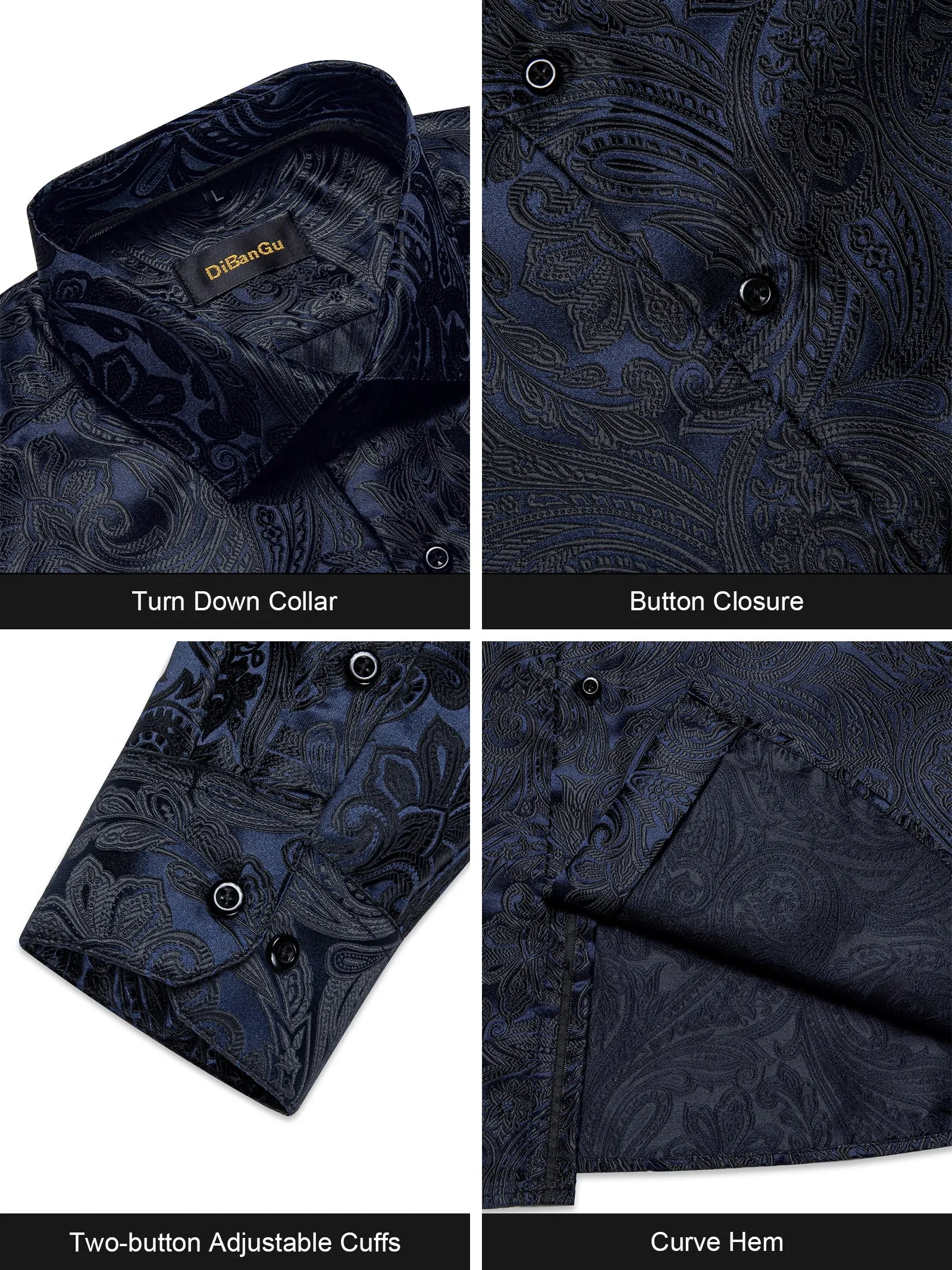 Luxury Blue Black Paisley Silk Shirts Men's Long Sleeve Wedding Party Prom Tuxedo Dress Casual Designer Clothing