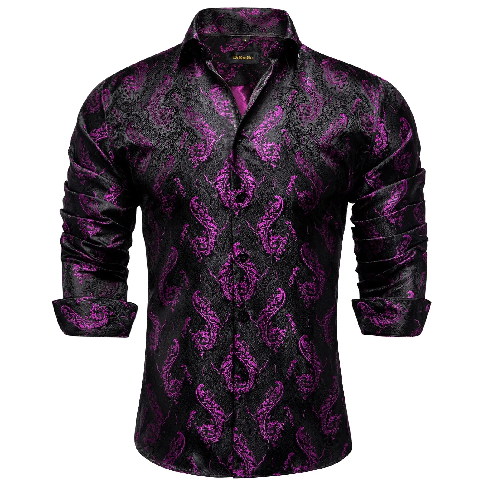 Luxury Blue Black Paisley Silk Shirts Men's Long Sleeve Wedding Party Prom Tuxedo Dress Casual Designer Clothing