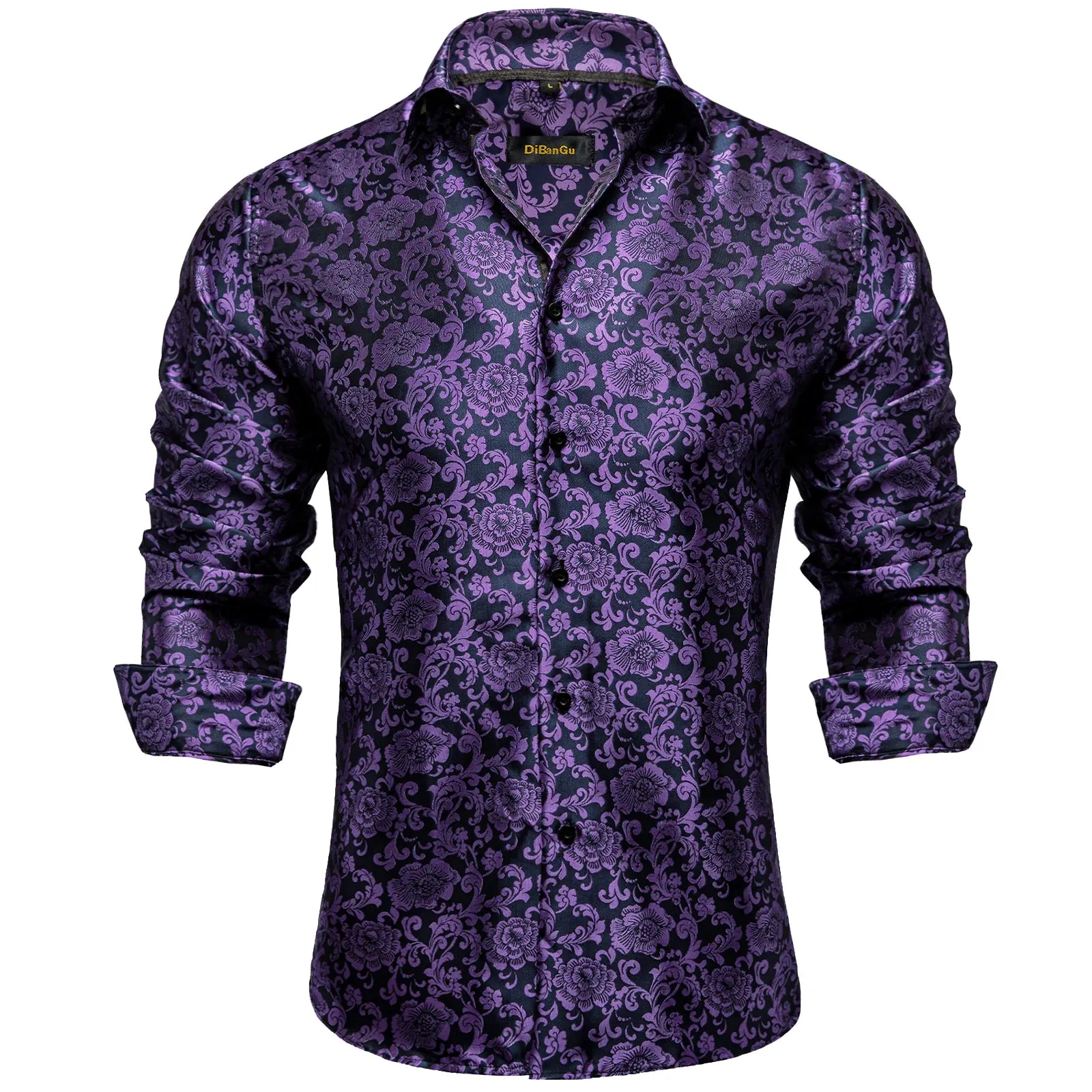 Luxury Blue Black Paisley Silk Shirts Men's Long Sleeve Wedding Party Prom Tuxedo Dress Casual Designer Clothing