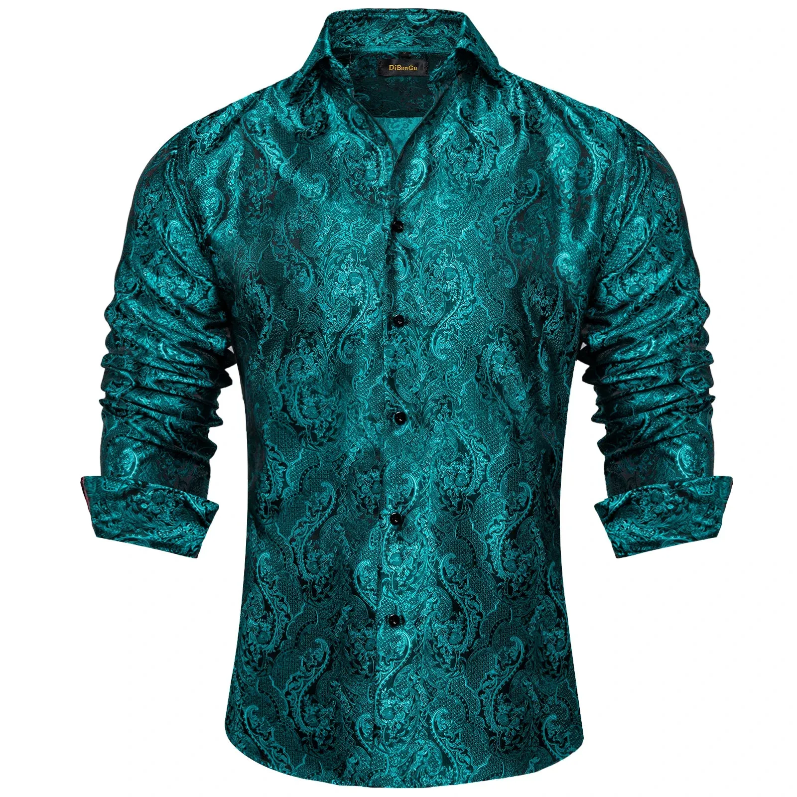 Luxury Blue Black Paisley Silk Shirts Men's Long Sleeve Wedding Party Prom Tuxedo Dress Casual Designer Clothing