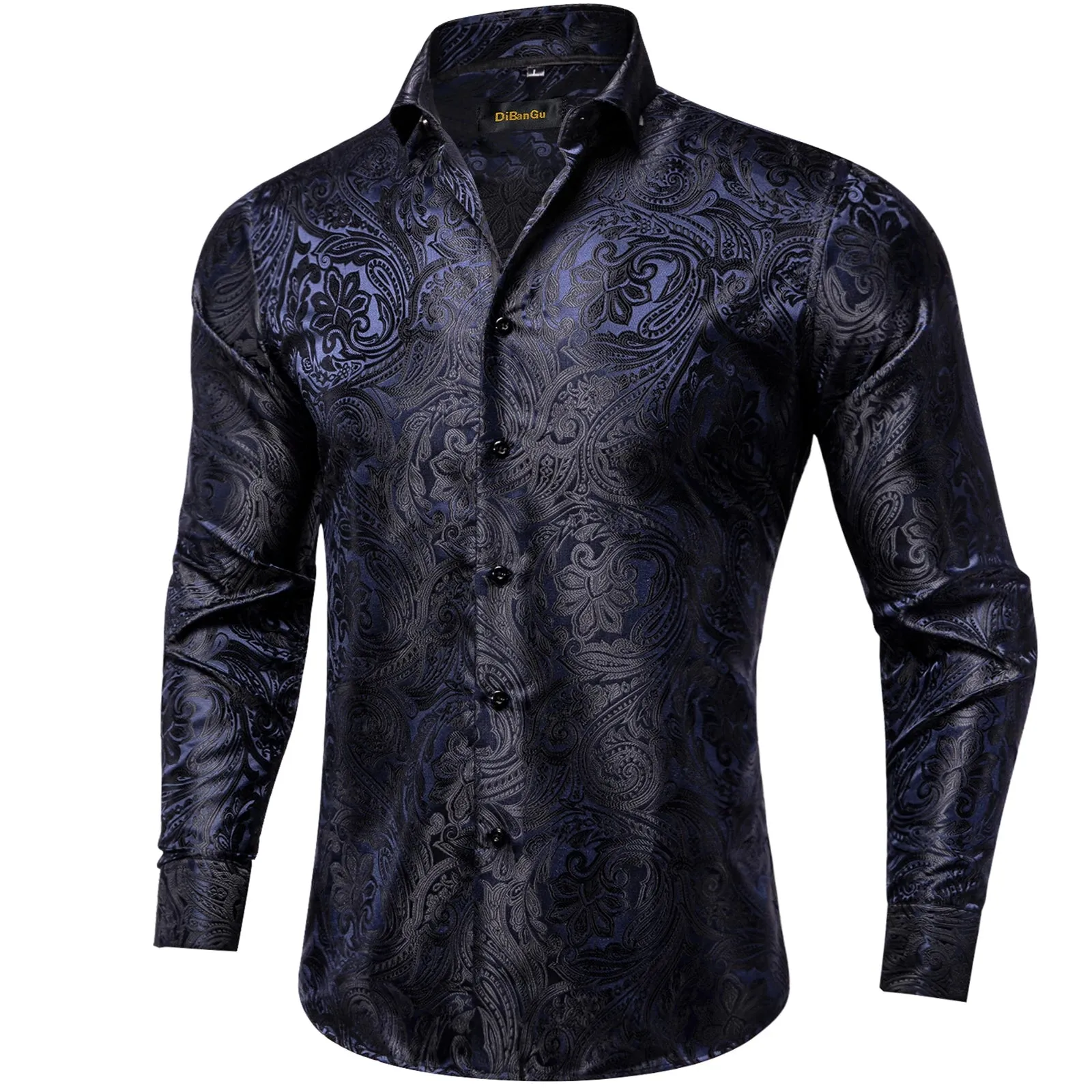 Luxury Blue Black Paisley Silk Shirts Men's Long Sleeve Wedding Party Prom Tuxedo Dress Casual Designer Clothing