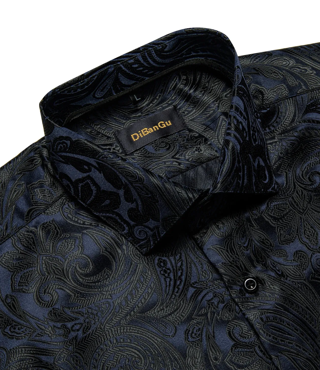 Luxury Blue Black Paisley Silk Shirts Men's Long Sleeve Wedding Party Prom Tuxedo Dress Casual Designer Clothing