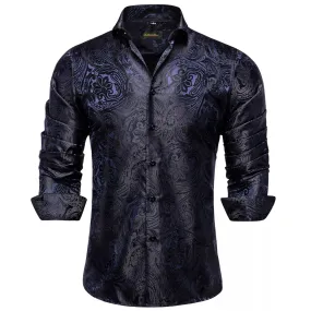 Luxury Blue Black Paisley Silk Shirts Men's Long Sleeve Wedding Party Prom Tuxedo Dress Casual Designer Clothing