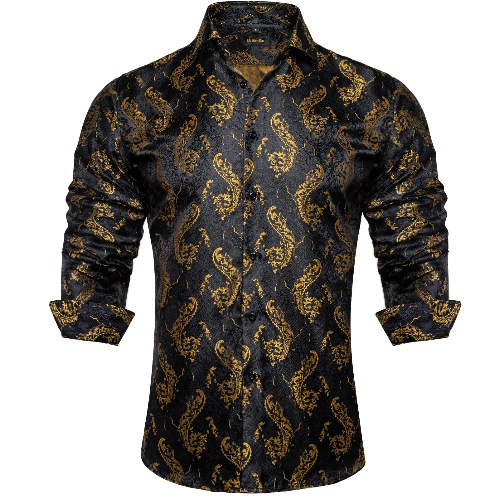 Luxury Blue Black Paisley Silk Shirts Men's Long Sleeve Wedding Party Prom Tuxedo Dress Casual Designer Clothing