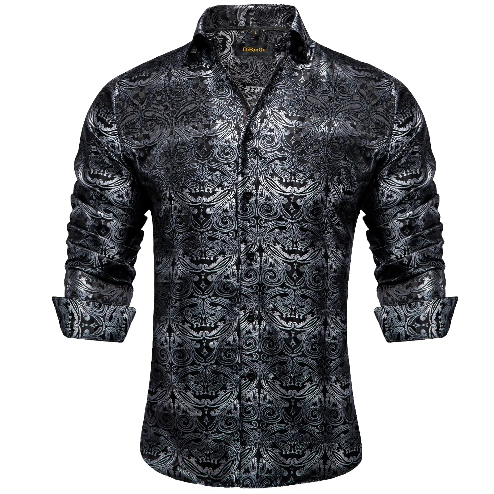 Luxury Blue Black Paisley Silk Shirts Men's Long Sleeve Wedding Party Prom Tuxedo Dress Casual Designer Clothing