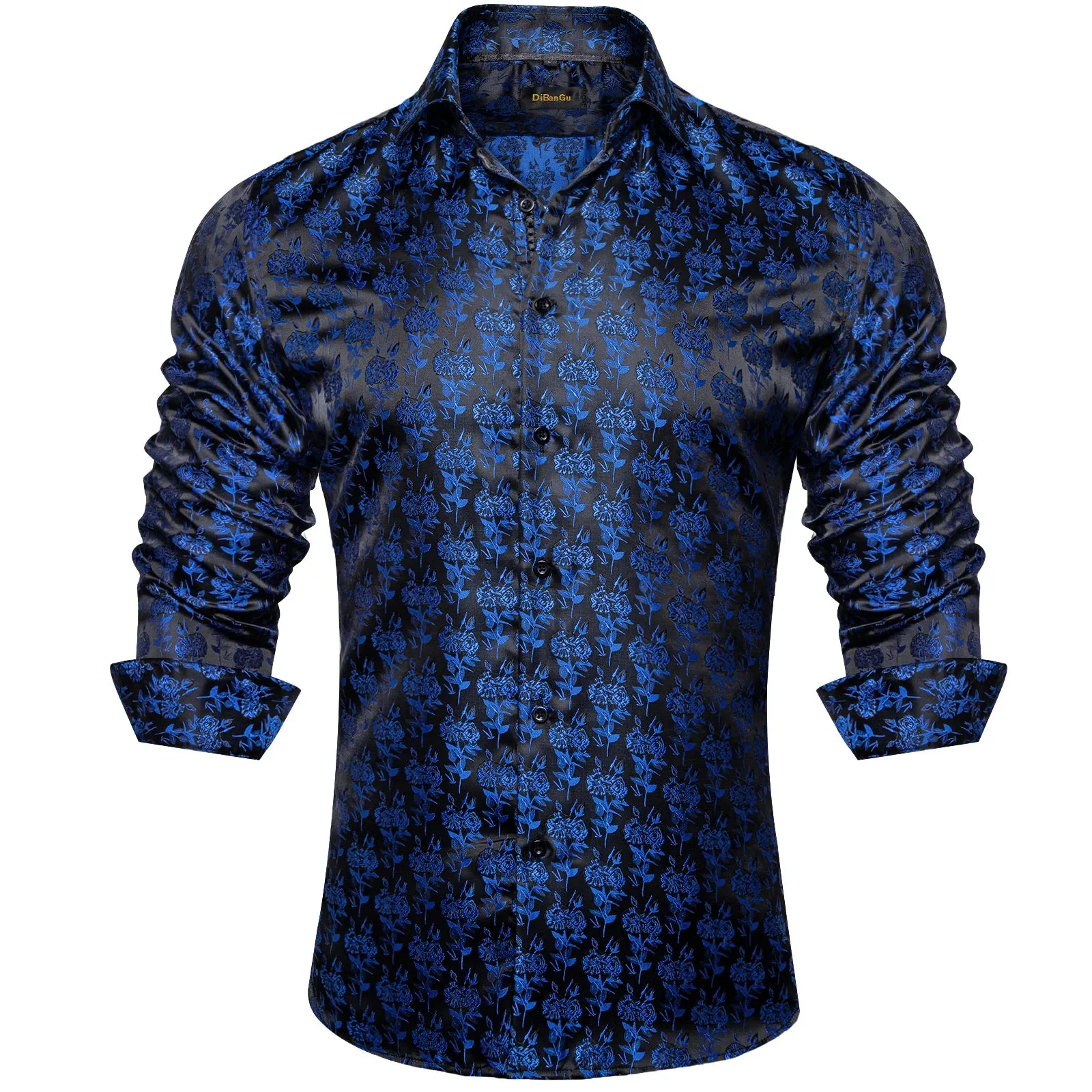 Luxury Blue Black Paisley Silk Shirts Men's Long Sleeve Wedding Party Prom Tuxedo Dress Casual Designer Clothing