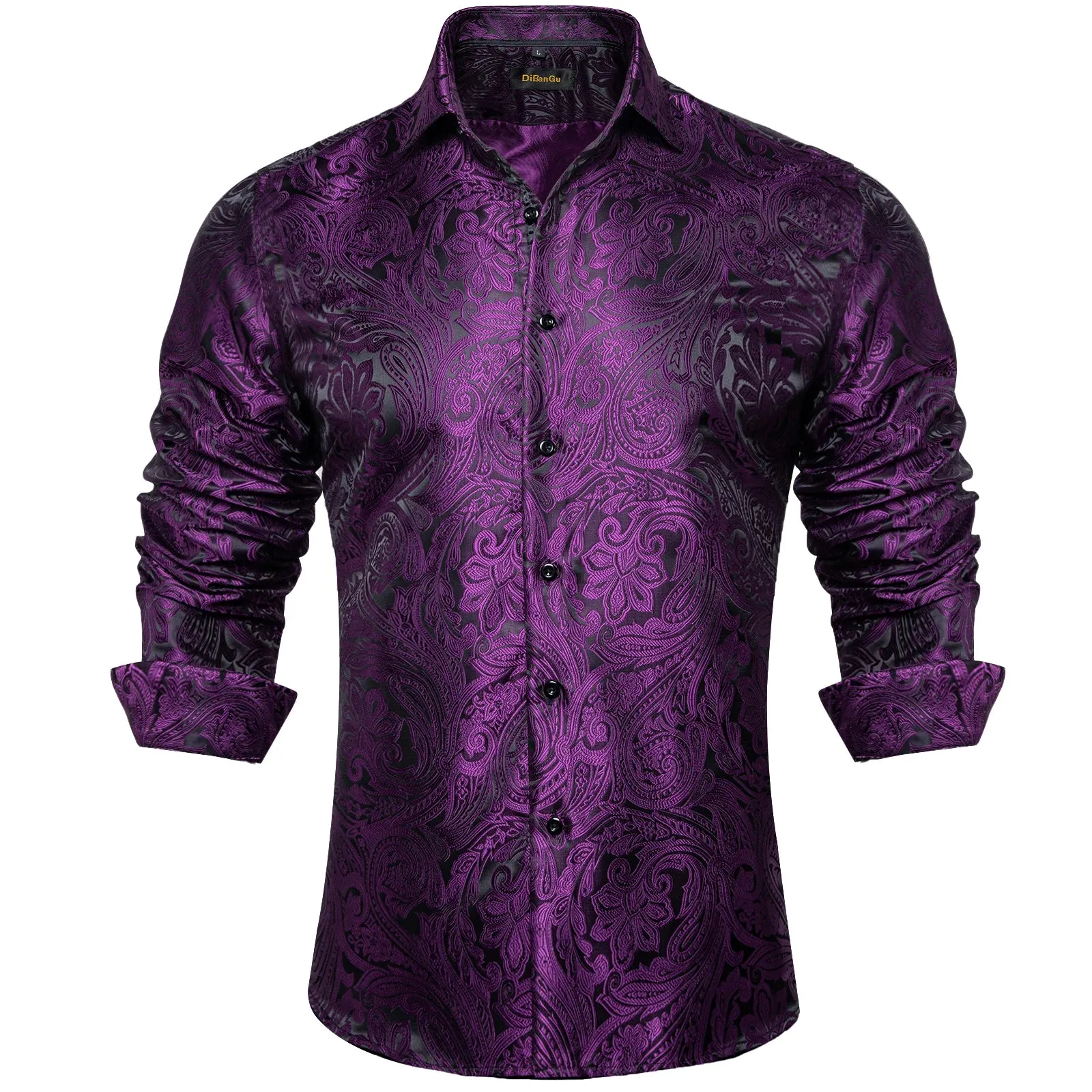 Luxury Blue Black Paisley Silk Shirts Men's Long Sleeve Wedding Party Prom Tuxedo Dress Casual Designer Clothing