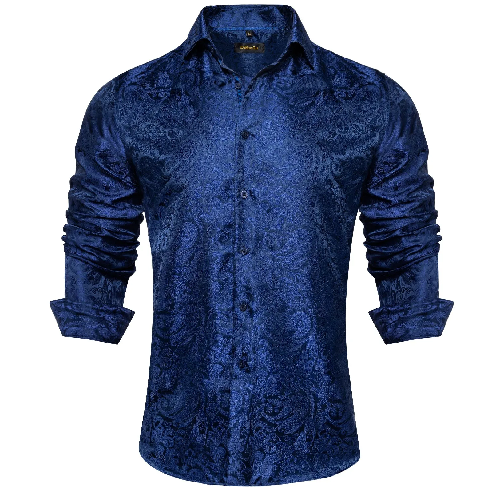 Luxury Blue Black Paisley Silk Shirts Men's Long Sleeve Wedding Party Prom Tuxedo Dress Casual Designer Clothing