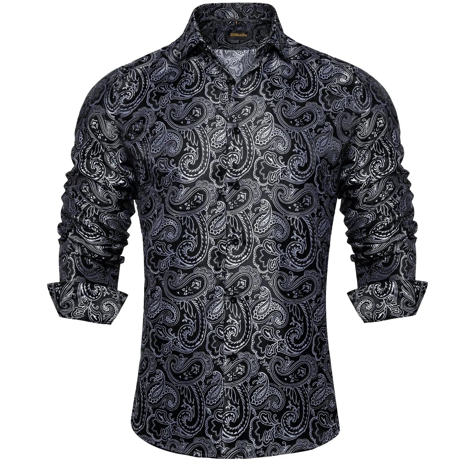 Luxury Blue Black Paisley Silk Shirts Men's Long Sleeve Wedding Party Prom Tuxedo Dress Casual Designer Clothing