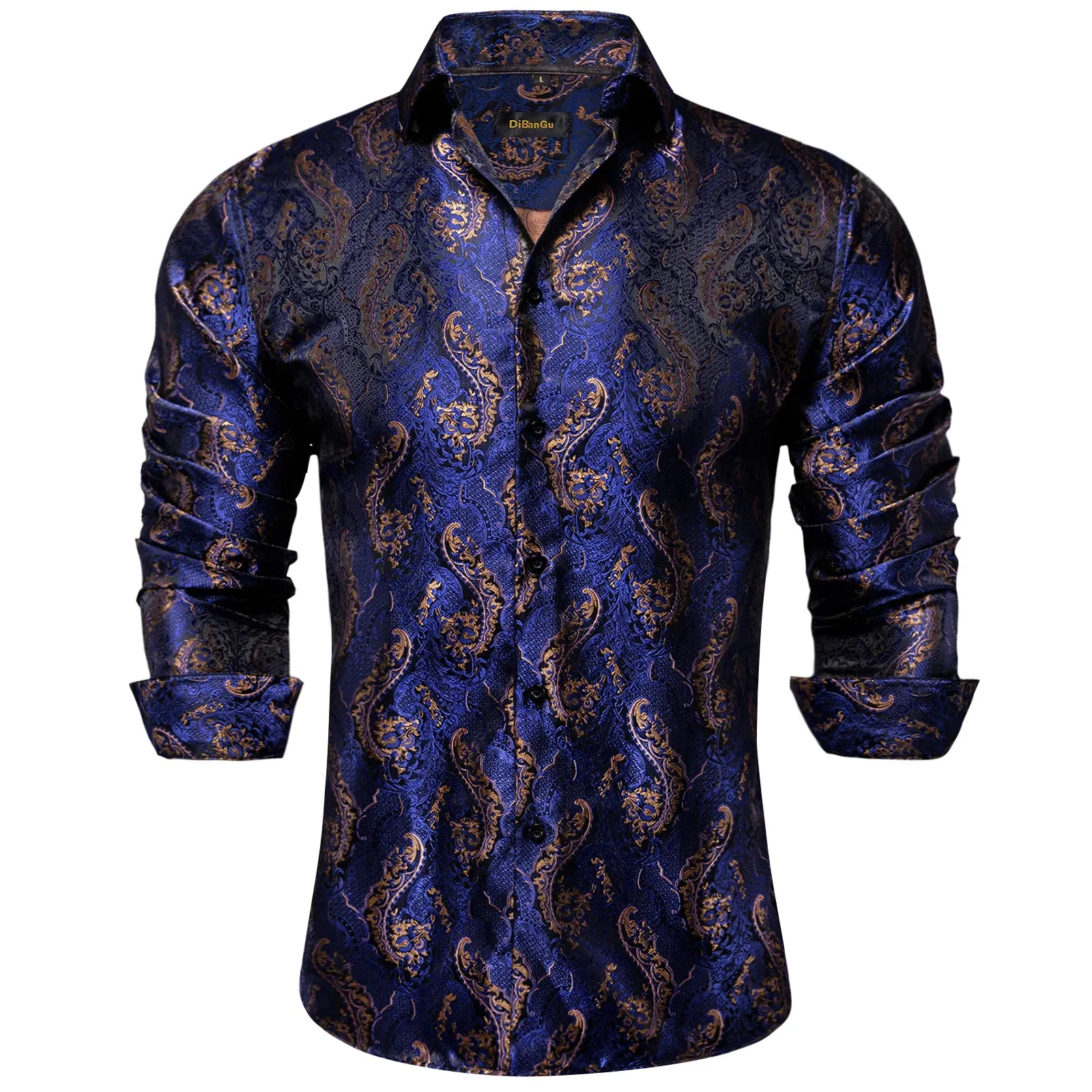 Luxury Blue Black Paisley Silk Shirts Men's Long Sleeve Wedding Party Prom Tuxedo Dress Casual Designer Clothing