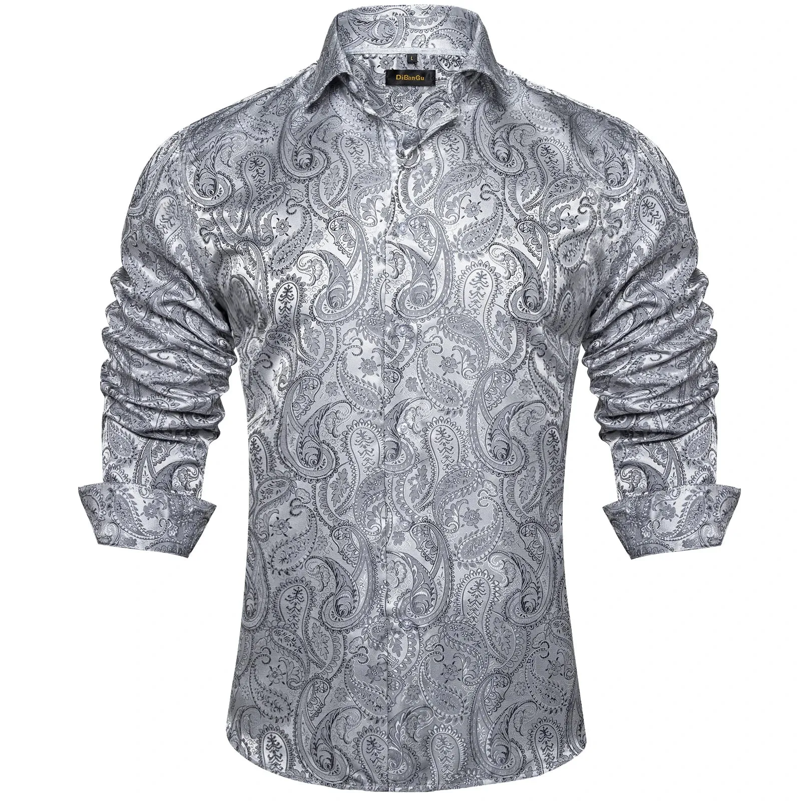 Luxury Blue Black Paisley Silk Shirts Men's Long Sleeve Wedding Party Prom Tuxedo Dress Casual Designer Clothing