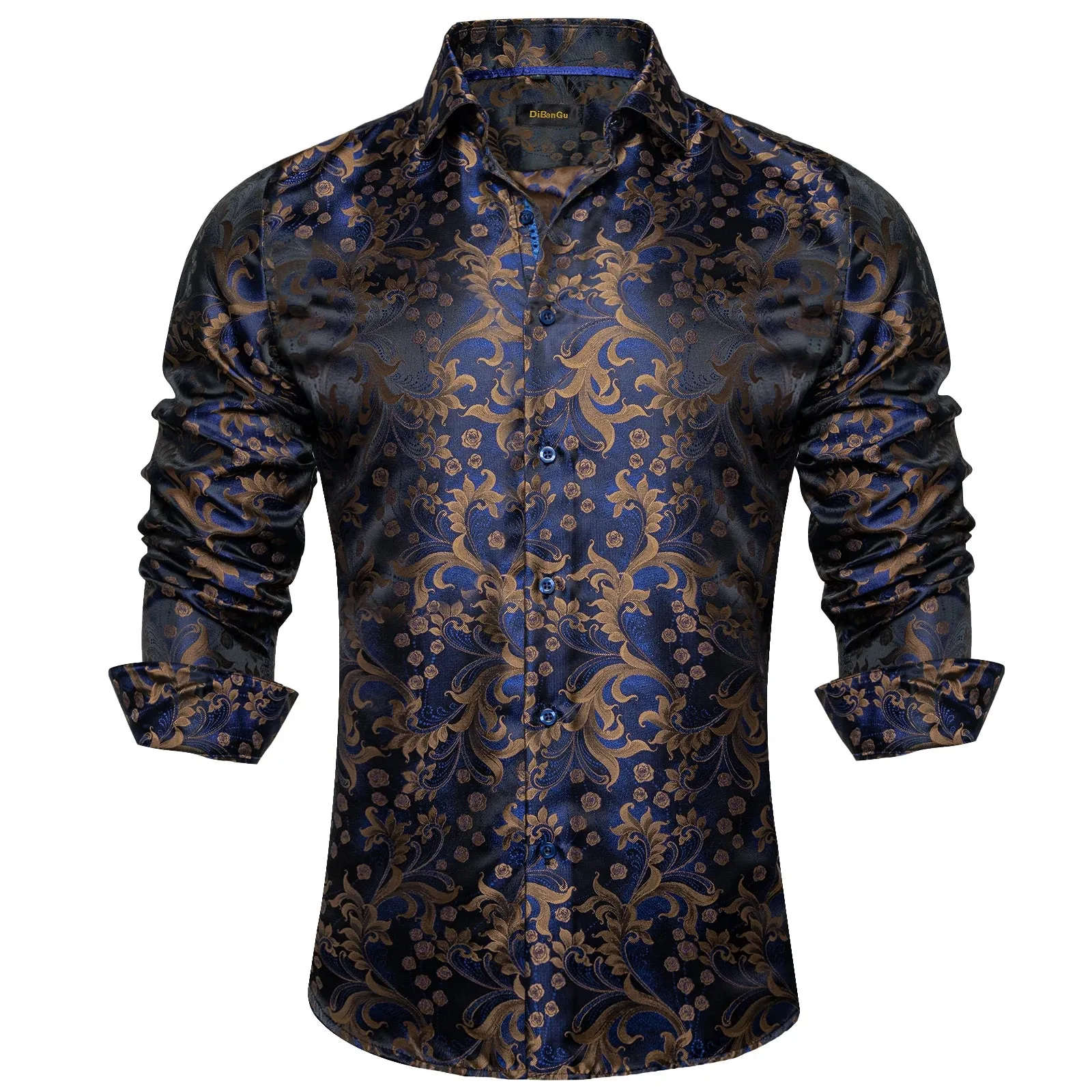 Luxury Blue Black Paisley Silk Shirts Men's Long Sleeve Wedding Party Prom Tuxedo Dress Casual Designer Clothing