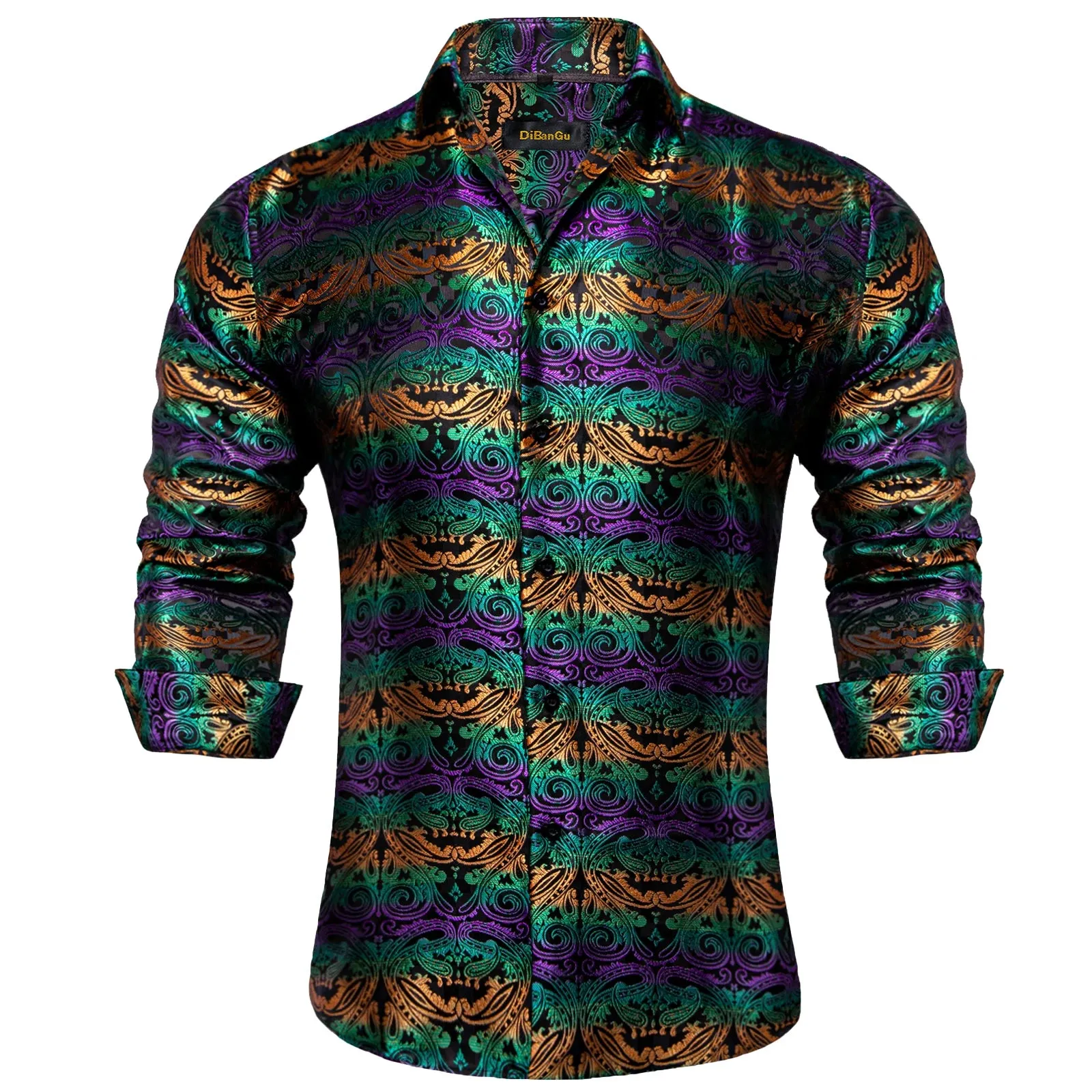 Luxury Blue Black Paisley Silk Shirts Men's Long Sleeve Wedding Party Prom Tuxedo Dress Casual Designer Clothing