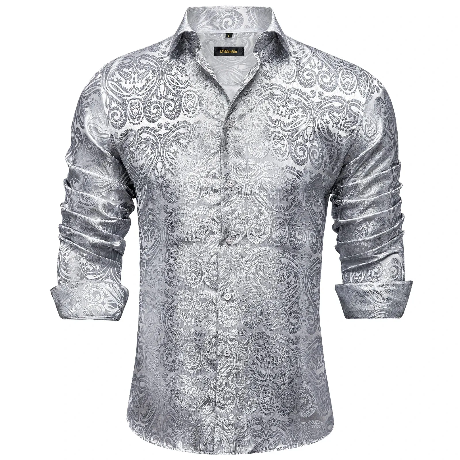 Luxury Blue Black Paisley Silk Shirts Men's Long Sleeve Wedding Party Prom Tuxedo Dress Casual Designer Clothing