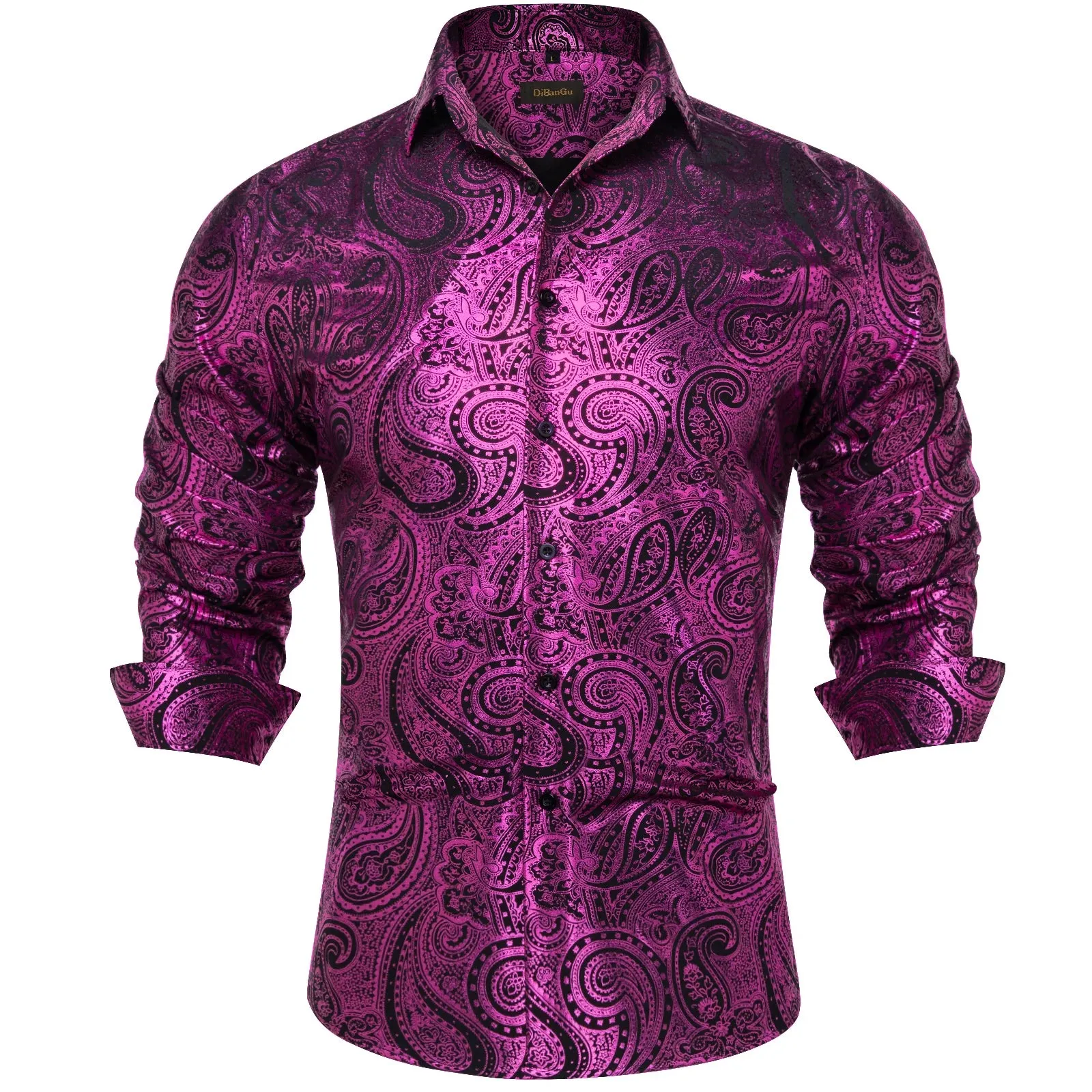 Luxury Gilding Pink Blue Red Paisley Print Silk Dress Shirts for Men's Long Sleeve Social Clothing Tops Slim Fit Blouse