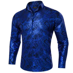 Luxury Gilding Pink Blue Red Paisley Print Silk Dress Shirts for Men's Long Sleeve Social Clothing Tops Slim Fit Blouse