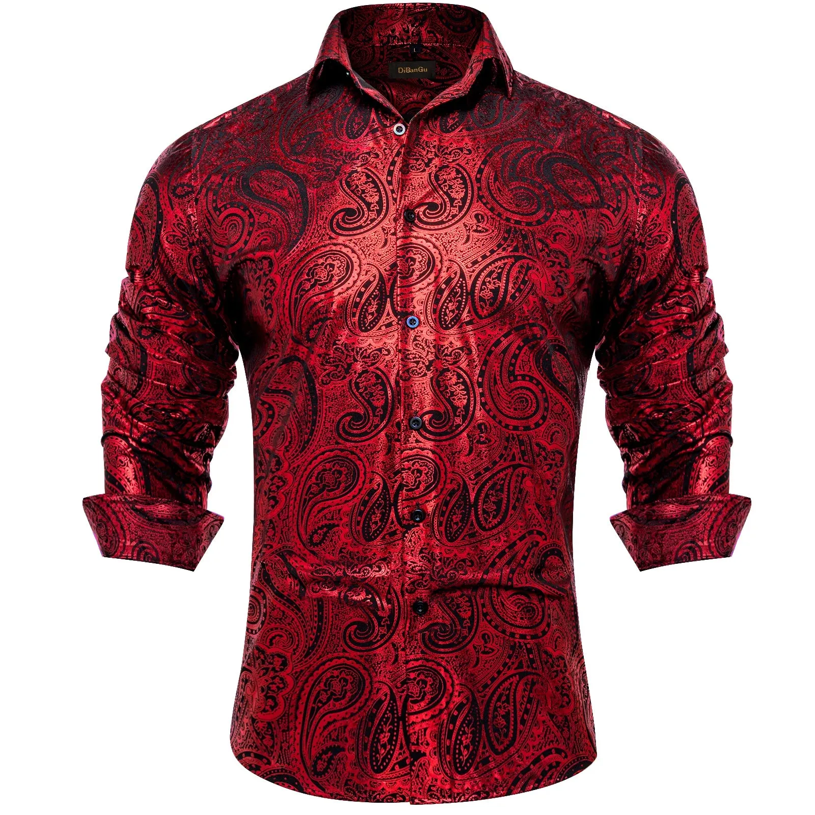 Luxury Gilding Pink Blue Red Paisley Print Silk Dress Shirts for Men's Long Sleeve Social Clothing Tops Slim Fit Blouse