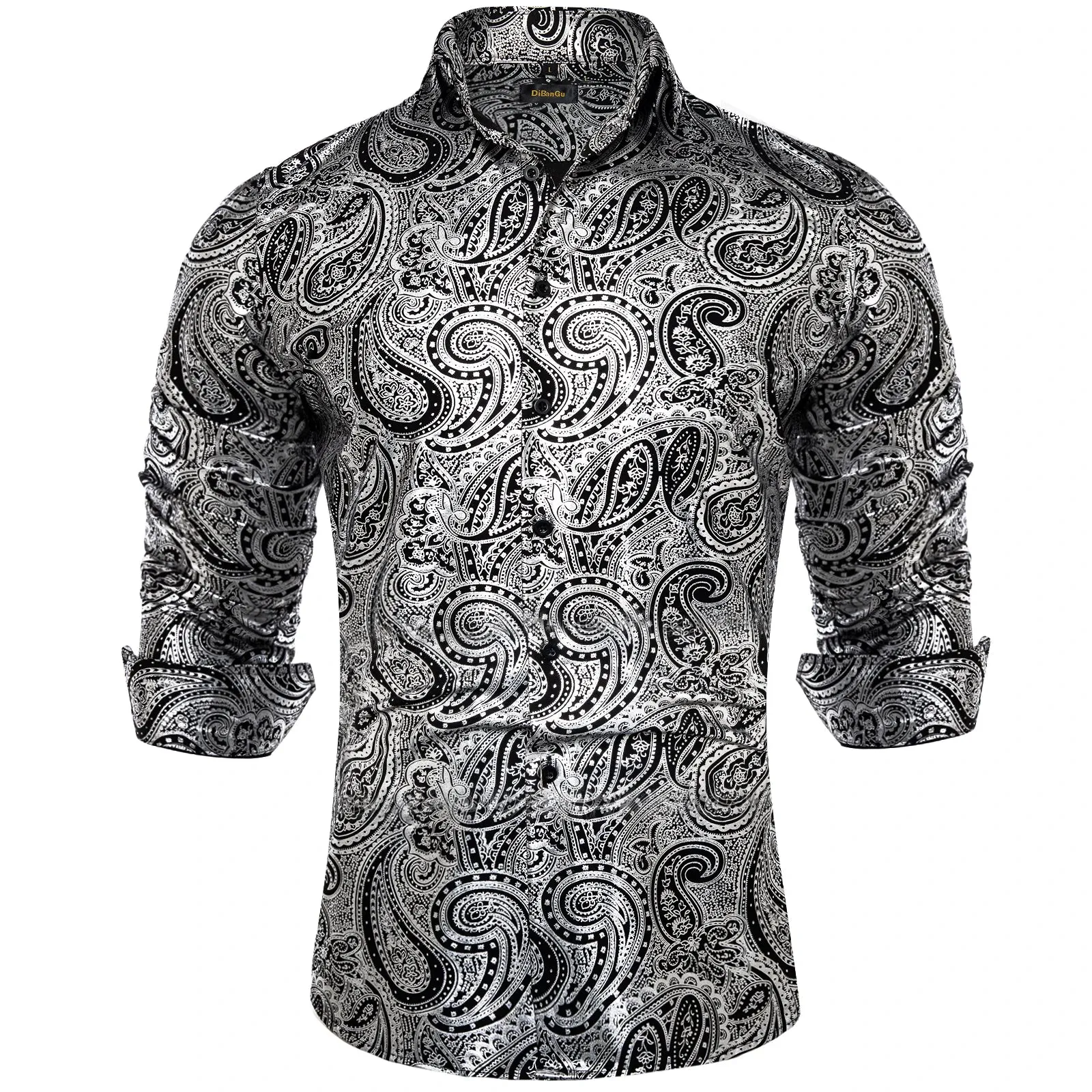 Luxury Gilding Pink Blue Red Paisley Print Silk Dress Shirts for Men's Long Sleeve Social Clothing Tops Slim Fit Blouse