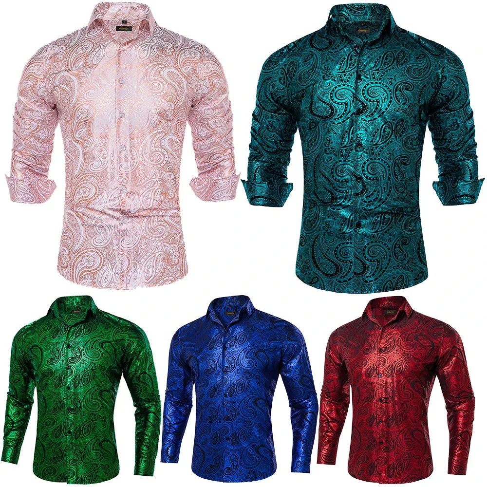 Luxury Gilding Pink Blue Red Paisley Print Silk Dress Shirts for Men's Long Sleeve Social Clothing Tops Slim Fit Blouse