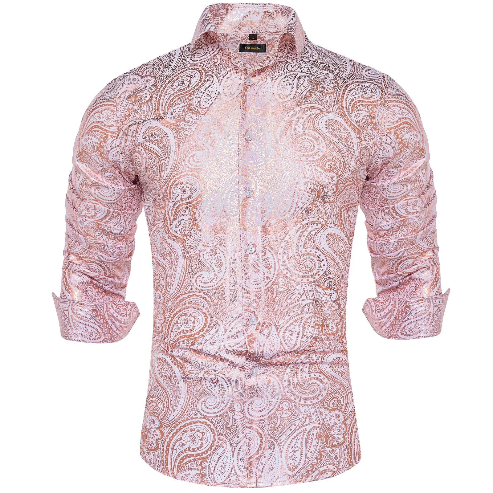 Luxury Gilding Pink Blue Red Paisley Print Silk Dress Shirts for Men's Long Sleeve Social Clothing Tops Slim Fit Blouse