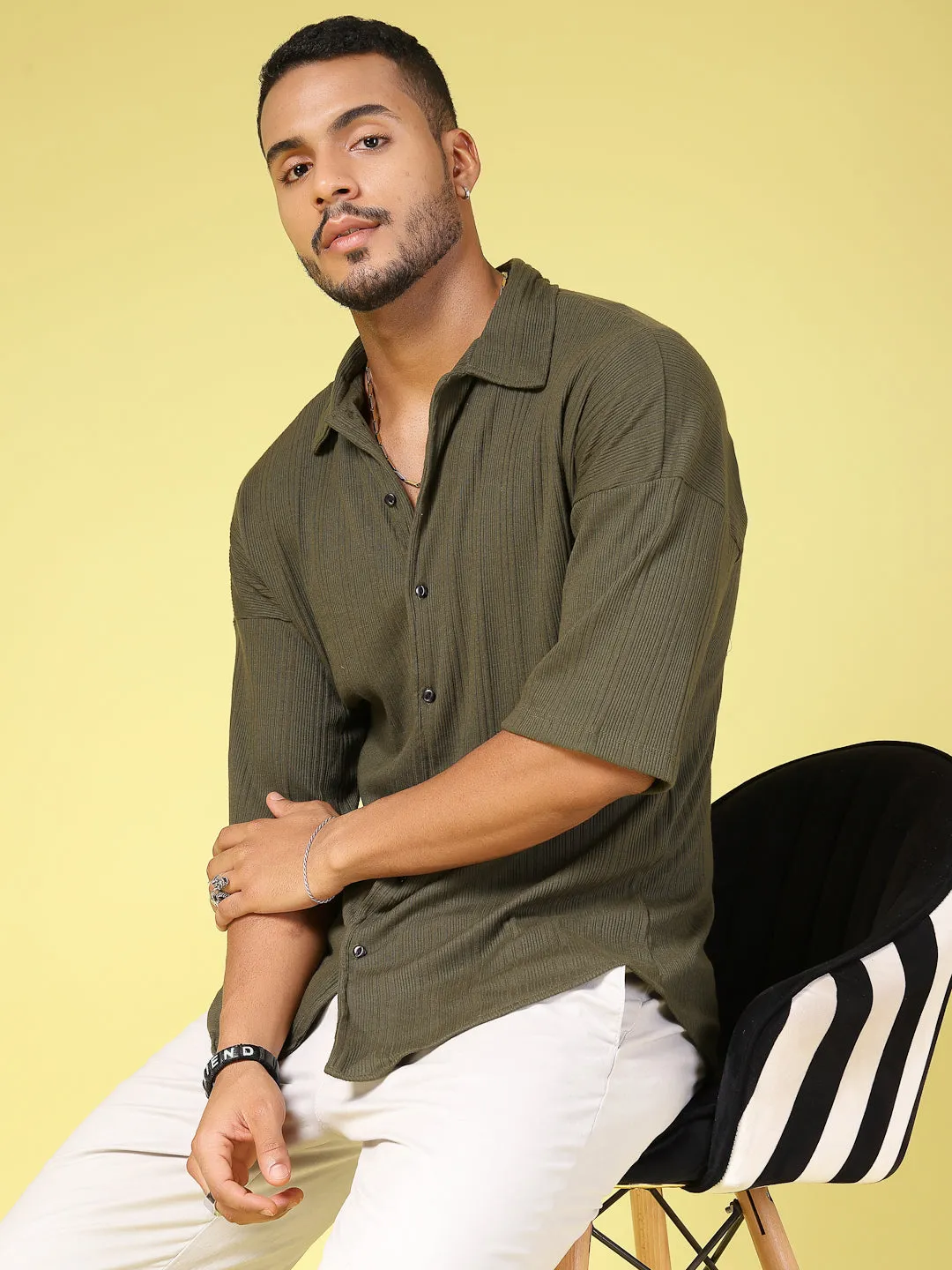 Men's Olive Ribbed Oversized Cuban Collar Shirt