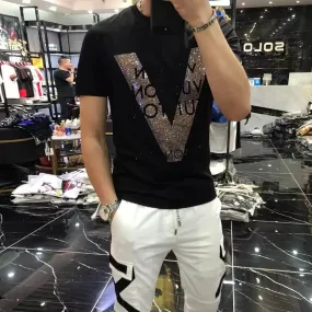 Mercerized Cotton V-shaped Pattern Rhinestone Street Fashion