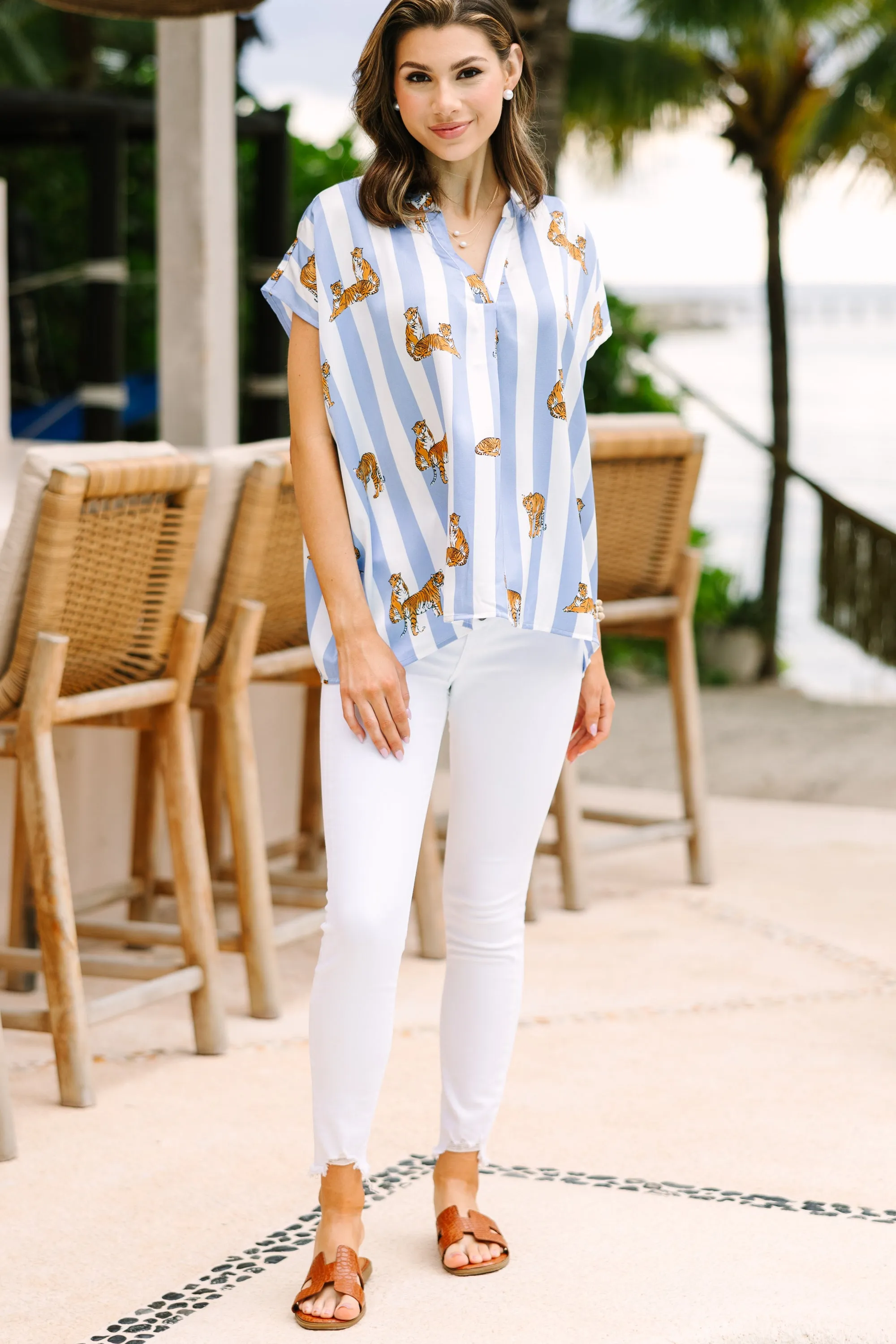 Moving On Light Blue Printed Blouse