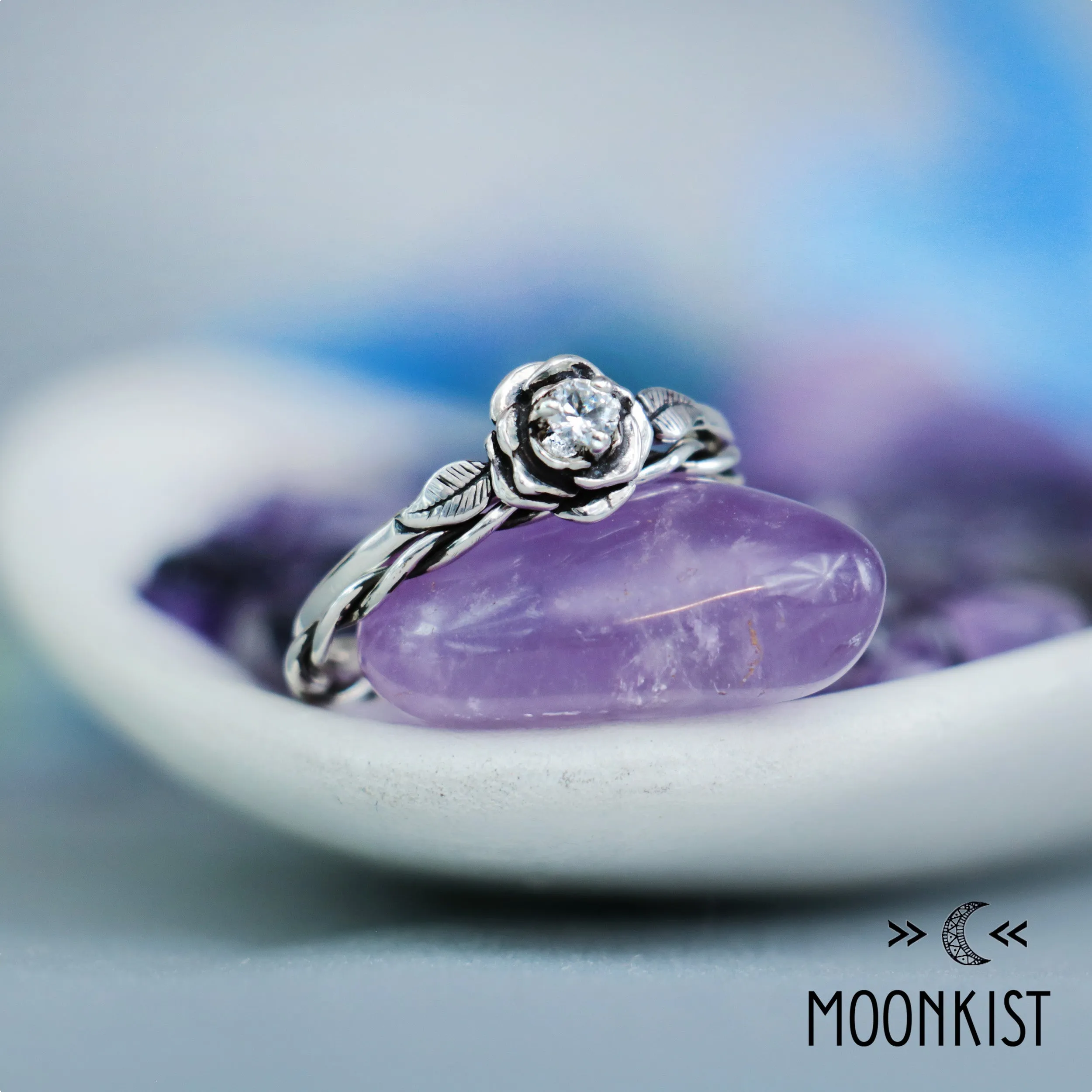 Nature Inspired Rose Proposal Ring Set with Twist Vine Band | Moonkist Designs