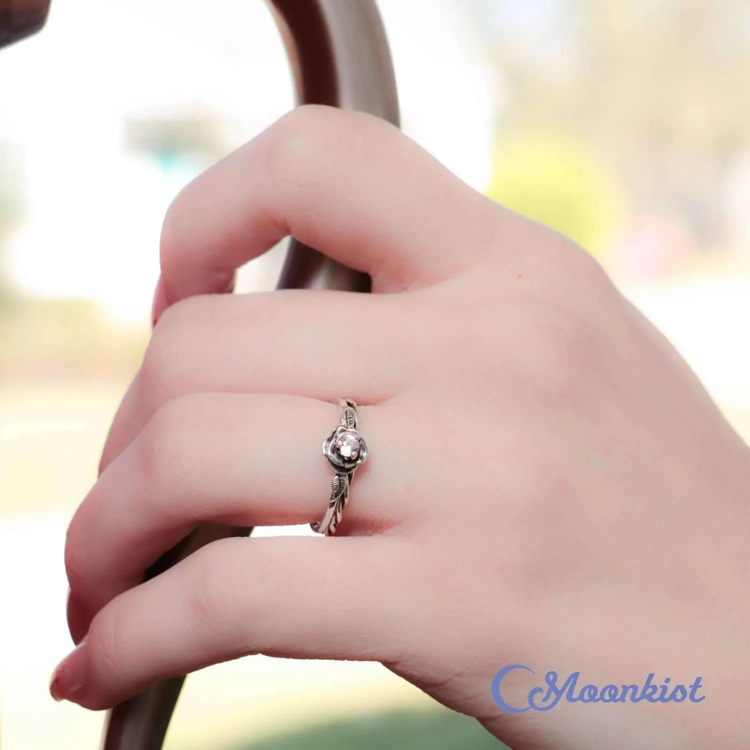 Nature Inspired Rose Proposal Ring Set with Twist Vine Band | Moonkist Designs