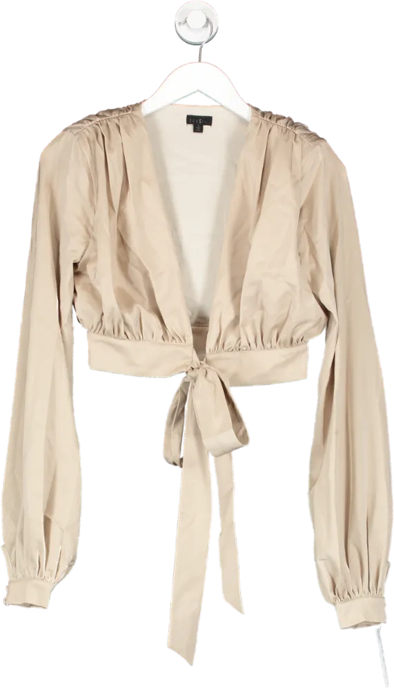 NBD Beige Satin Tie Front Cropped Blouse UK S