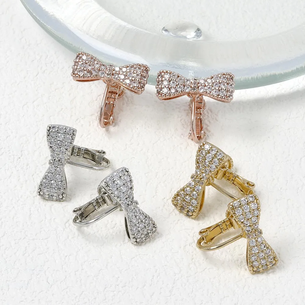 Pave Bow Clip On Earrings