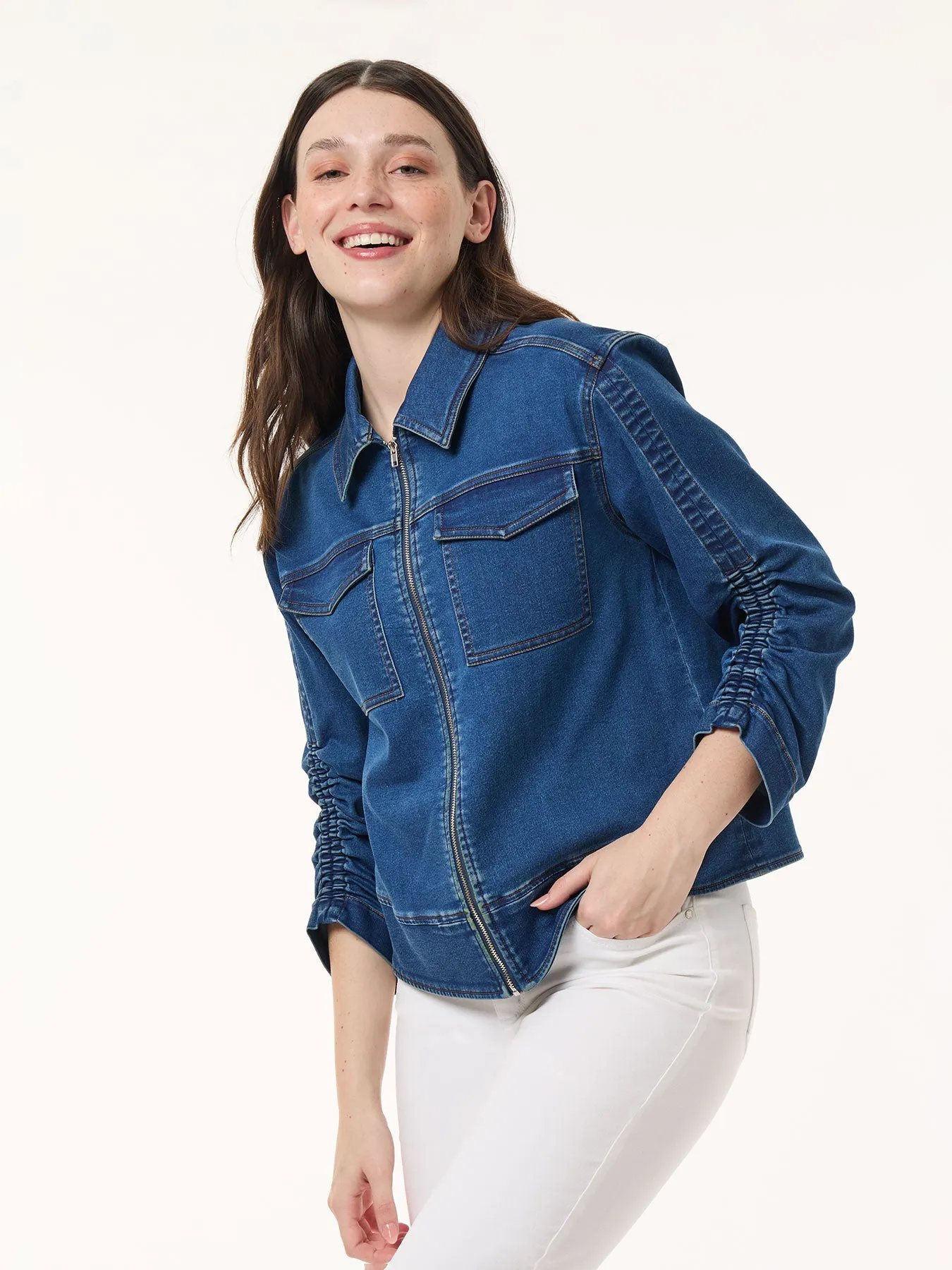 Petite Shirred Sleeve City Denim Jacket, Shore Wash