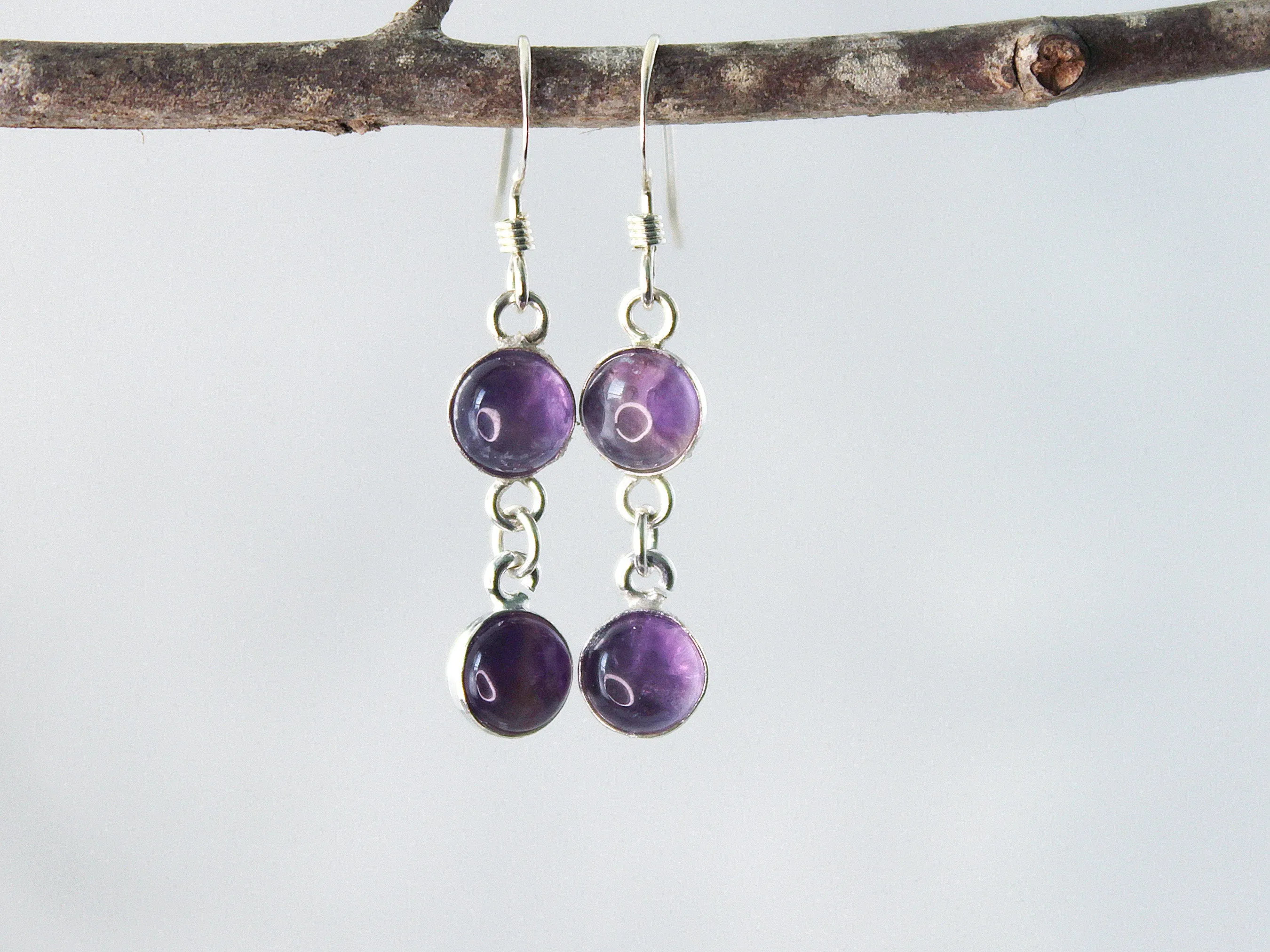 Petite Sterling Silver Two-Stone Purple Amethyst Earrings - Spiritual Elegance