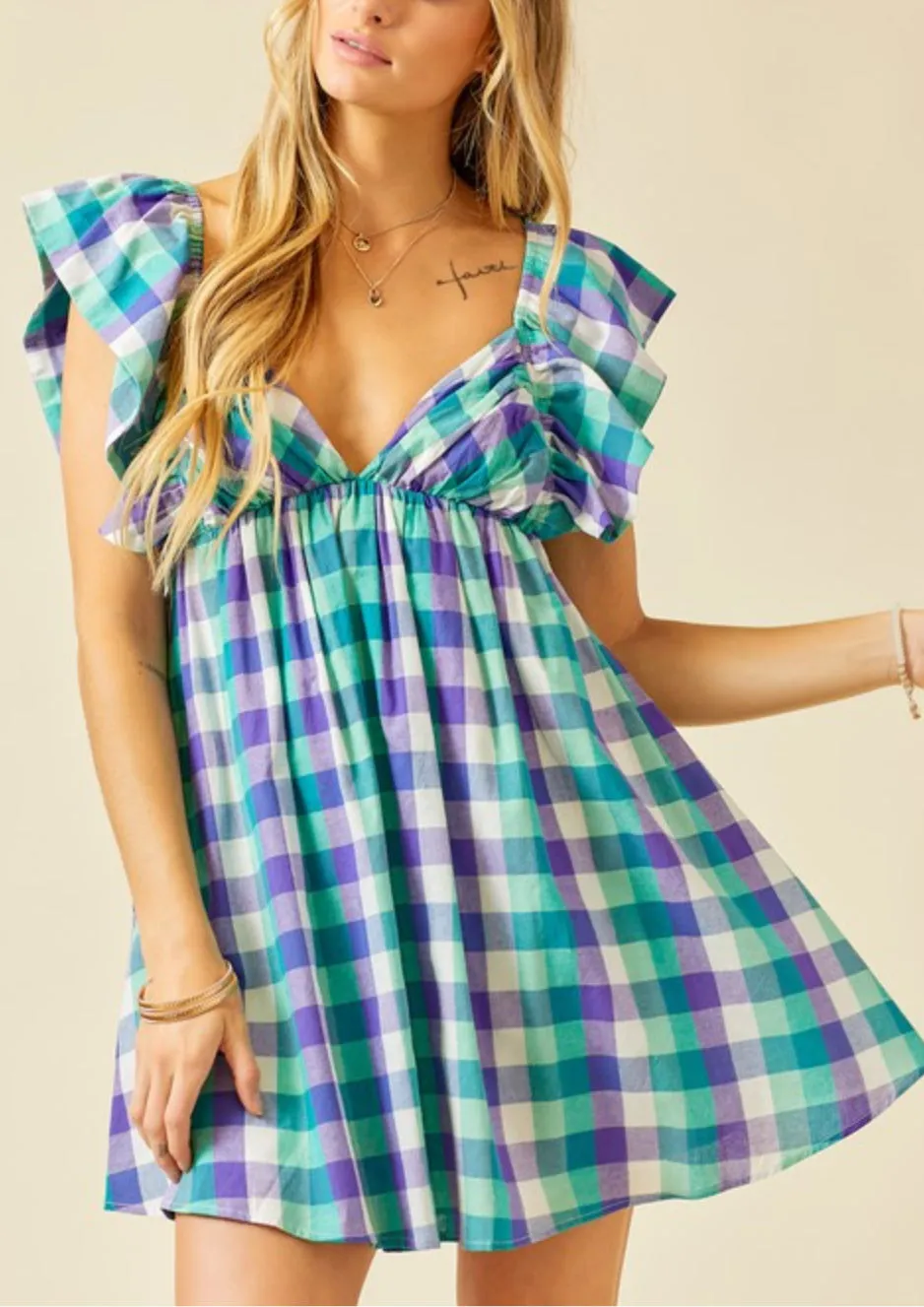 Plaid green/purple multi color mini dress