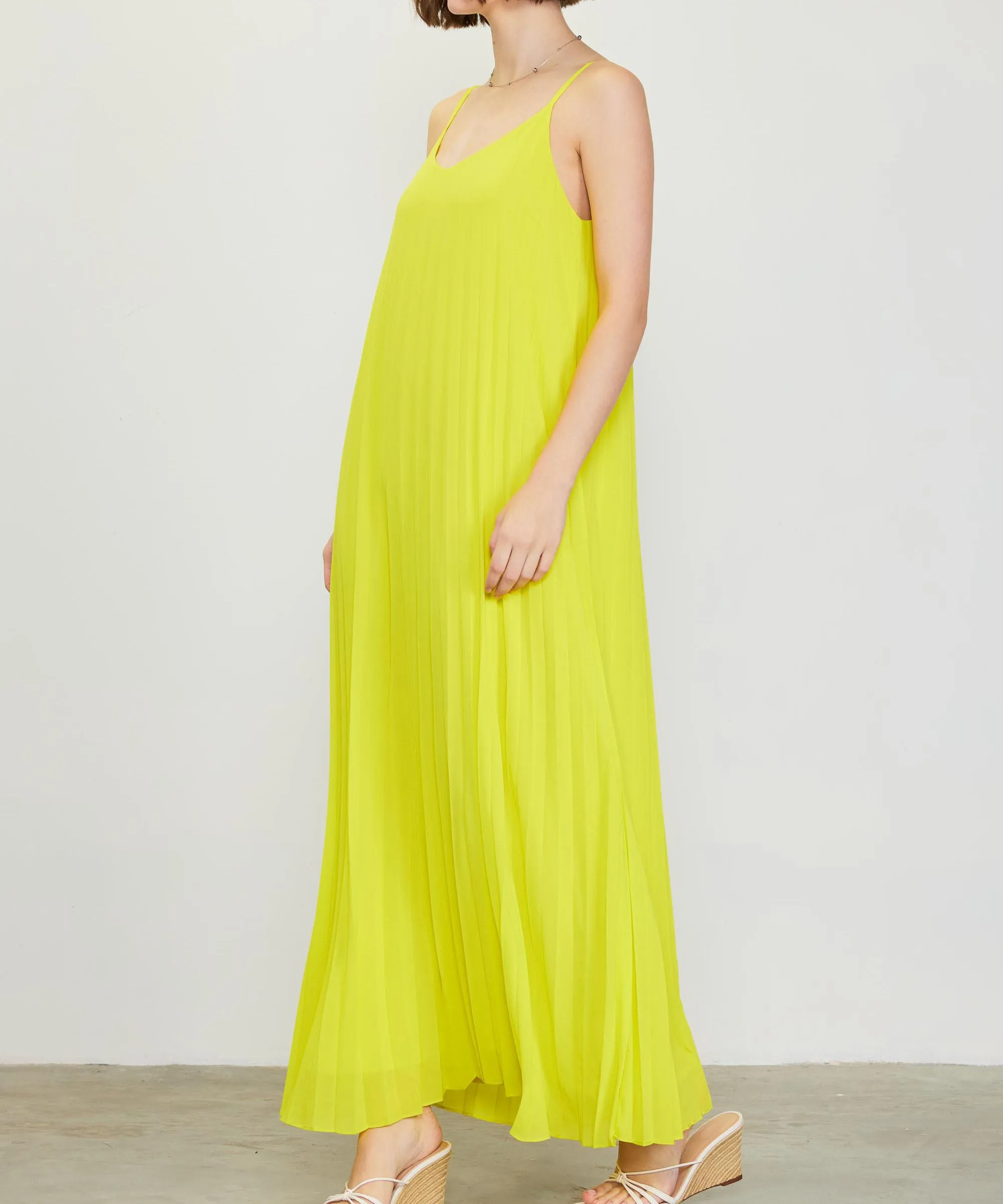 Pleated Maxi Dress - Lime Yellow