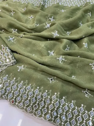 Pure Simar Chiffon Fabric Mirror Work Saree