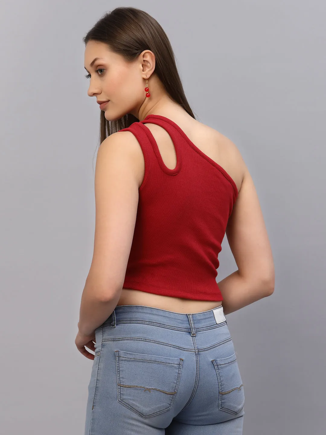 Red One Shoulder Ribbed Crop Top