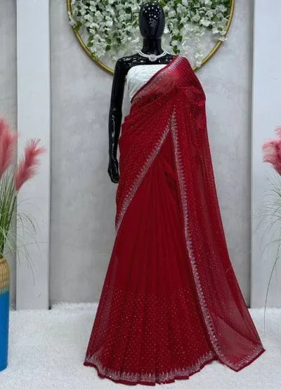 Red Silver Patywear Designer Saree