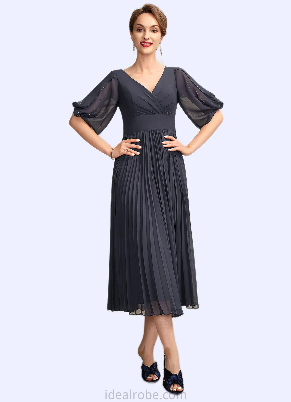 Selah A-Line V-neck Tea-Length Chiffon Mother of the Bride Dress With Pleated STK126P0015012