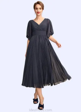 Selah A-Line V-neck Tea-Length Chiffon Mother of the Bride Dress With Pleated STK126P0015012