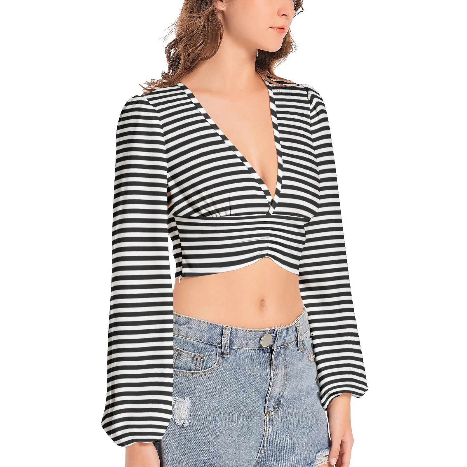 Sensual Striped Women's Deep V-Neck Lantern Sleeve Crop Top