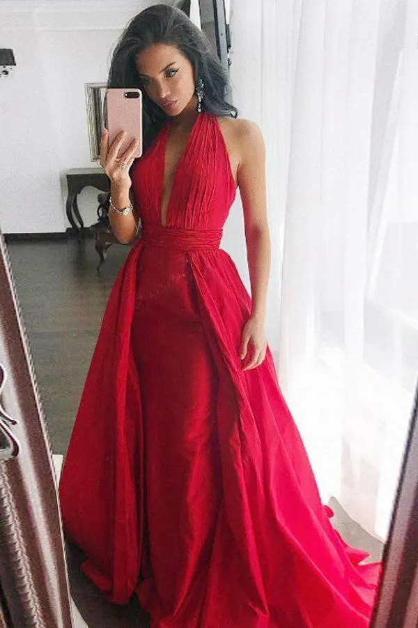 Sheath Halter Sweep Train Pleated Red Satin Prom Dress Sleeveless V Neck Party Dress