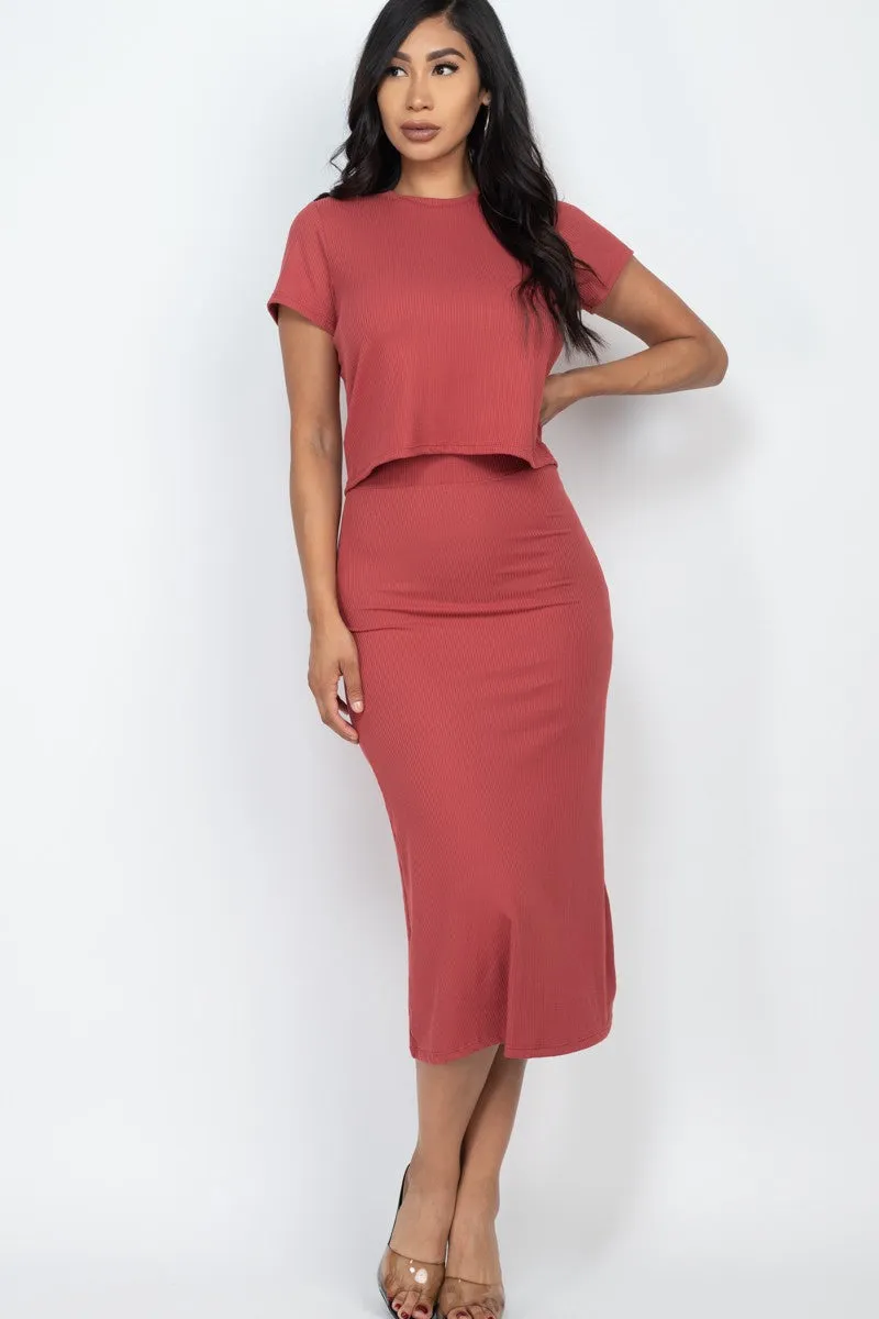 Short Sleeve Ribbed Top & Midi Skirt Set