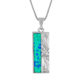 Sterling Silver Synthetic Blue Opal Carved Long Bar Pendant Necklace, 16 2" Extender