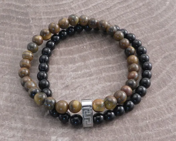 Stone & Steel Bead 2 Row Brown Cat Eye Bracelet